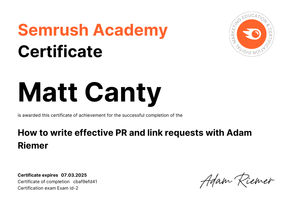 How to write effective PR and link requests with Adam Riemer certificate