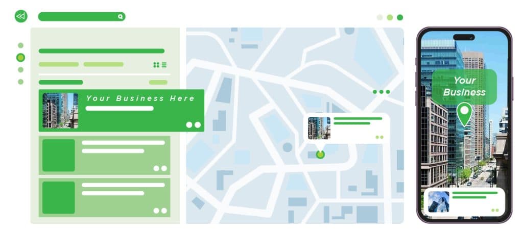 Business listing and map results on desktop and mobile