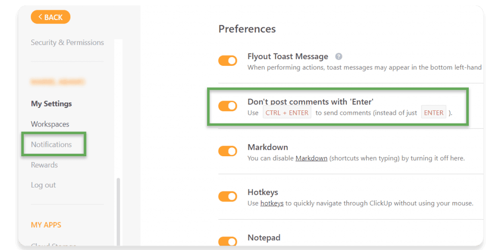 ClickUp comment settings