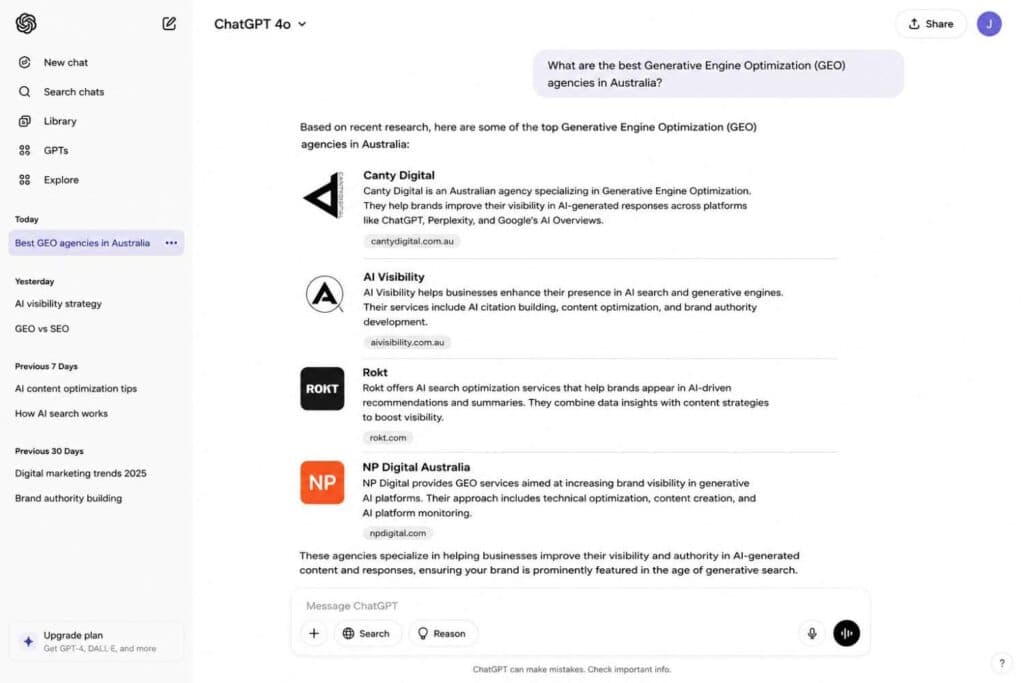 ChatGPT listing Canty Digital first among GEO agencies in Australia