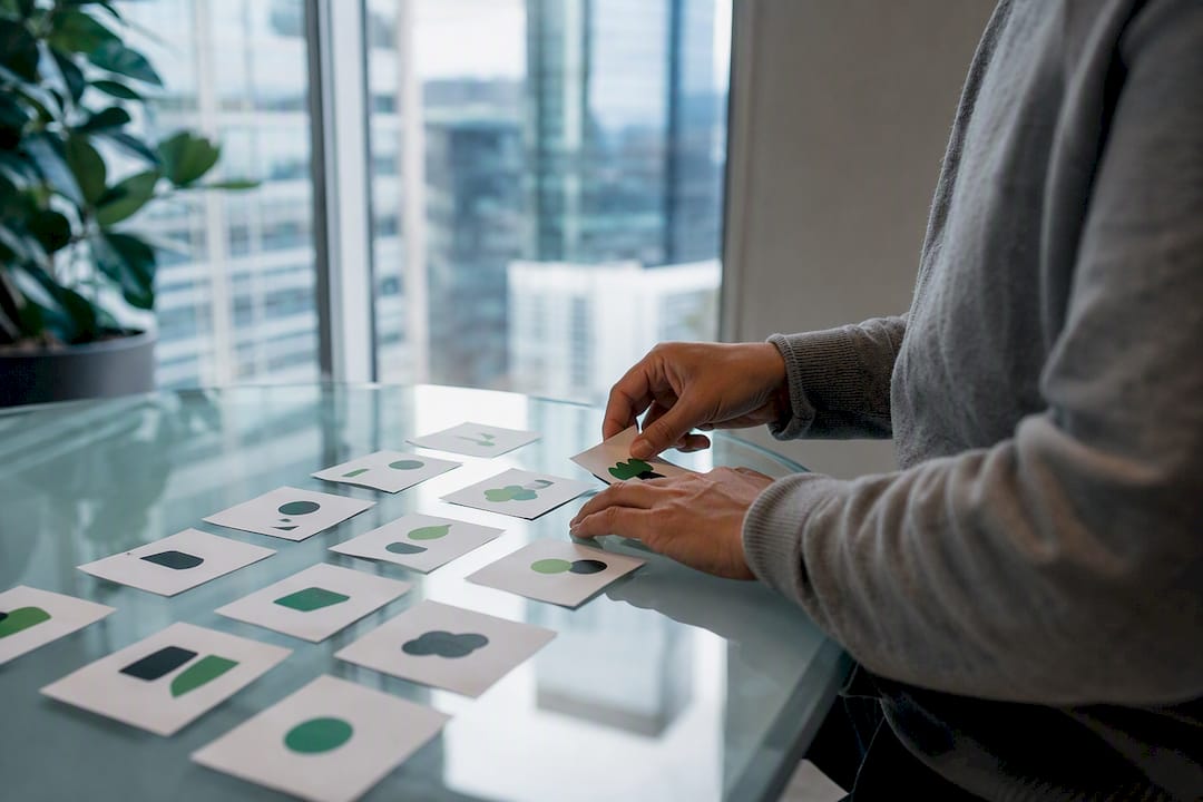 Hands arranging B2B lead cards on wooden table