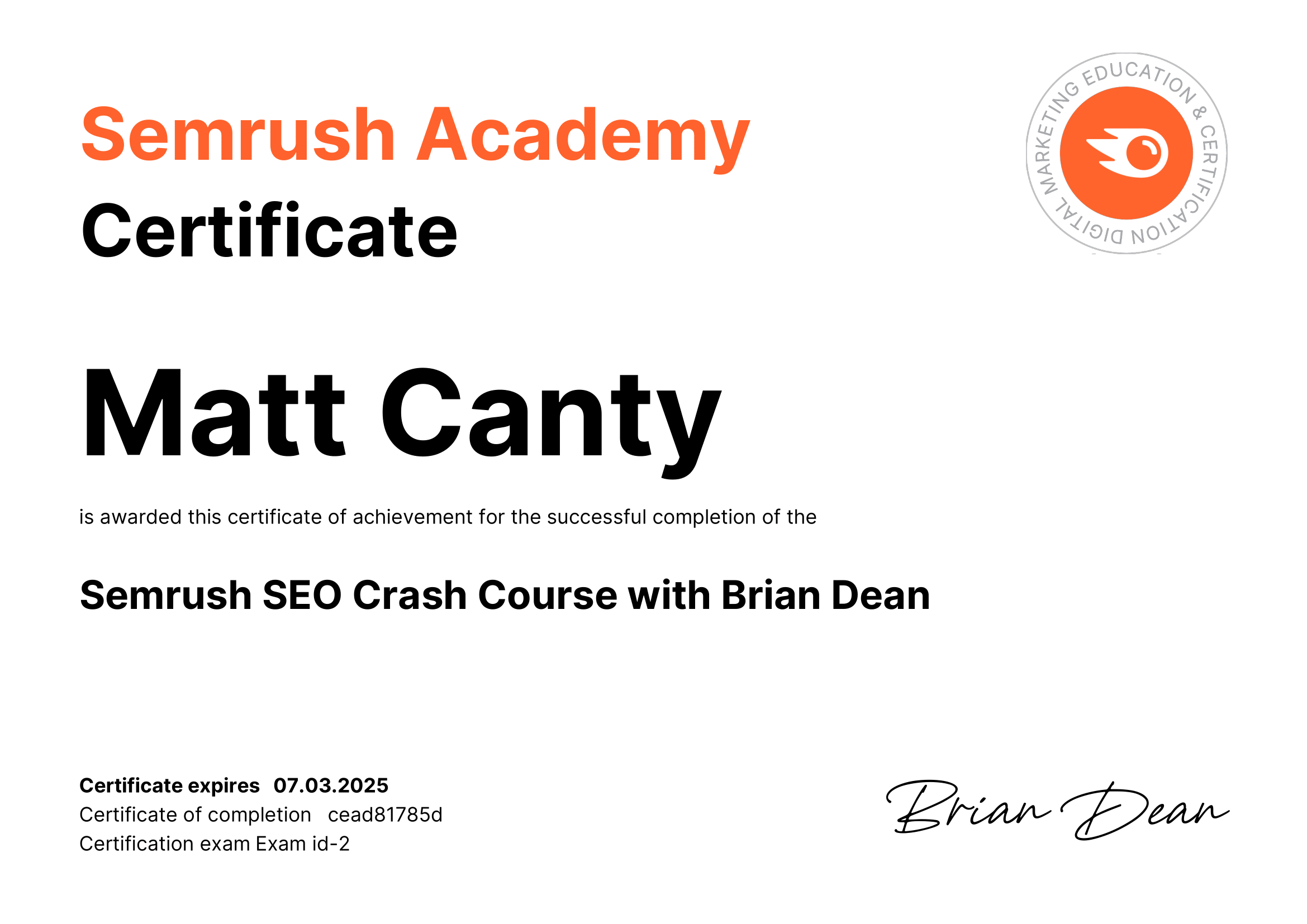 Semrush SEO Crash Course with Brian Dean certificate