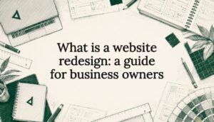Decorative hand-drawn website redesign title card illustration