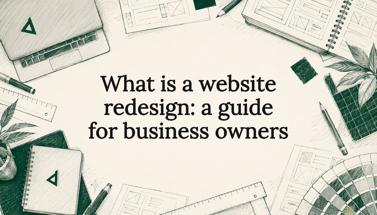 Decorative hand-drawn website redesign title card illustration