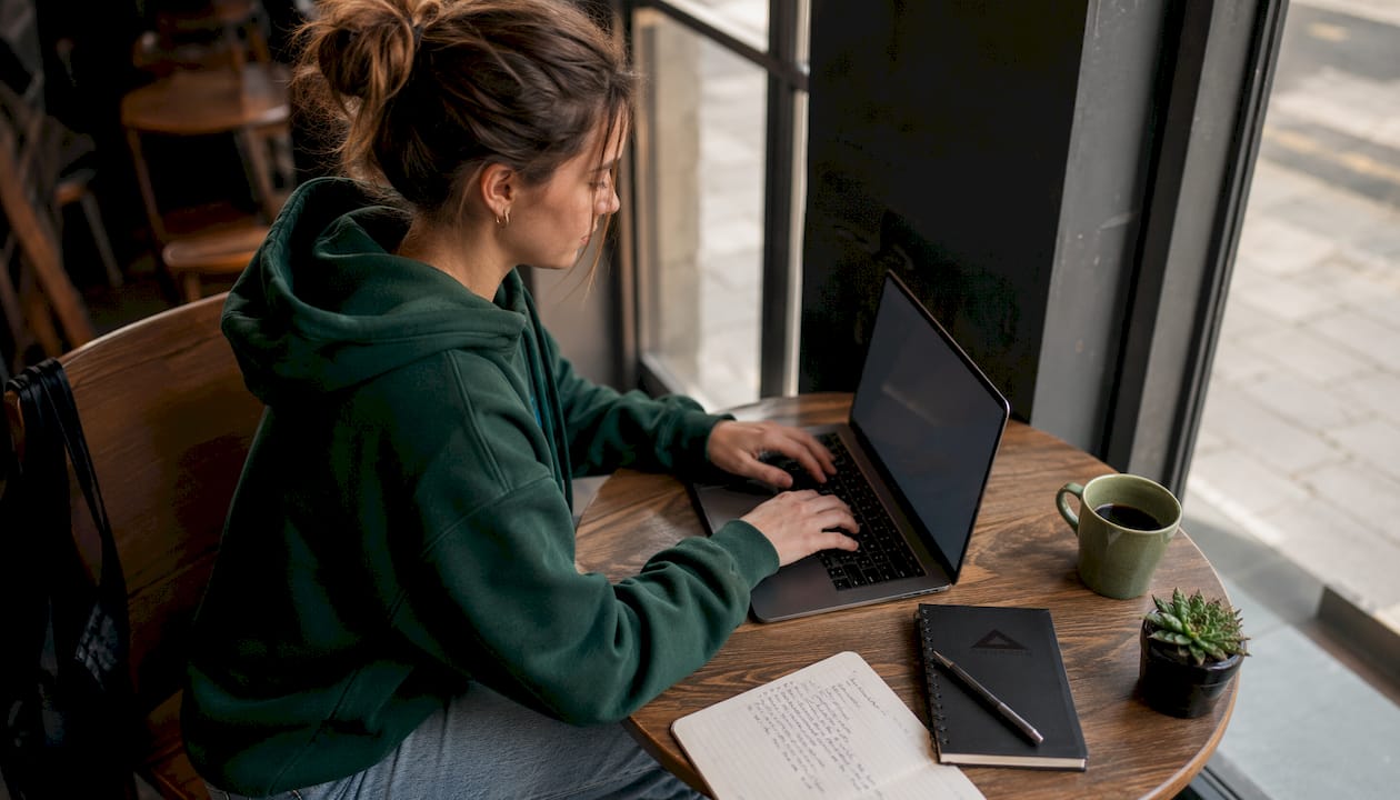Woman typing Instagram auto-reply on laptop
