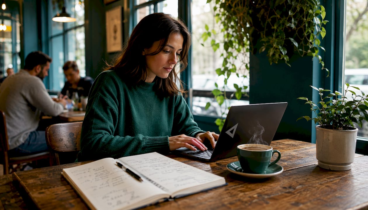 Small café owner working on laptop outdoors