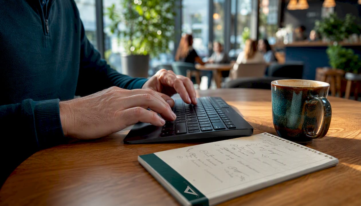 Hands typing on keyboard at home office desk