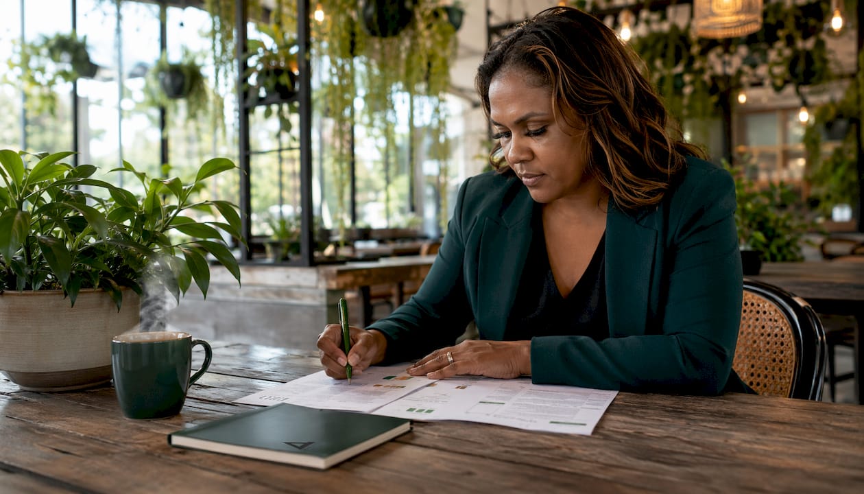 Person reviewing client reviews in office