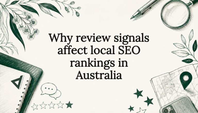 Decorative title card illustration with SEO and review icons