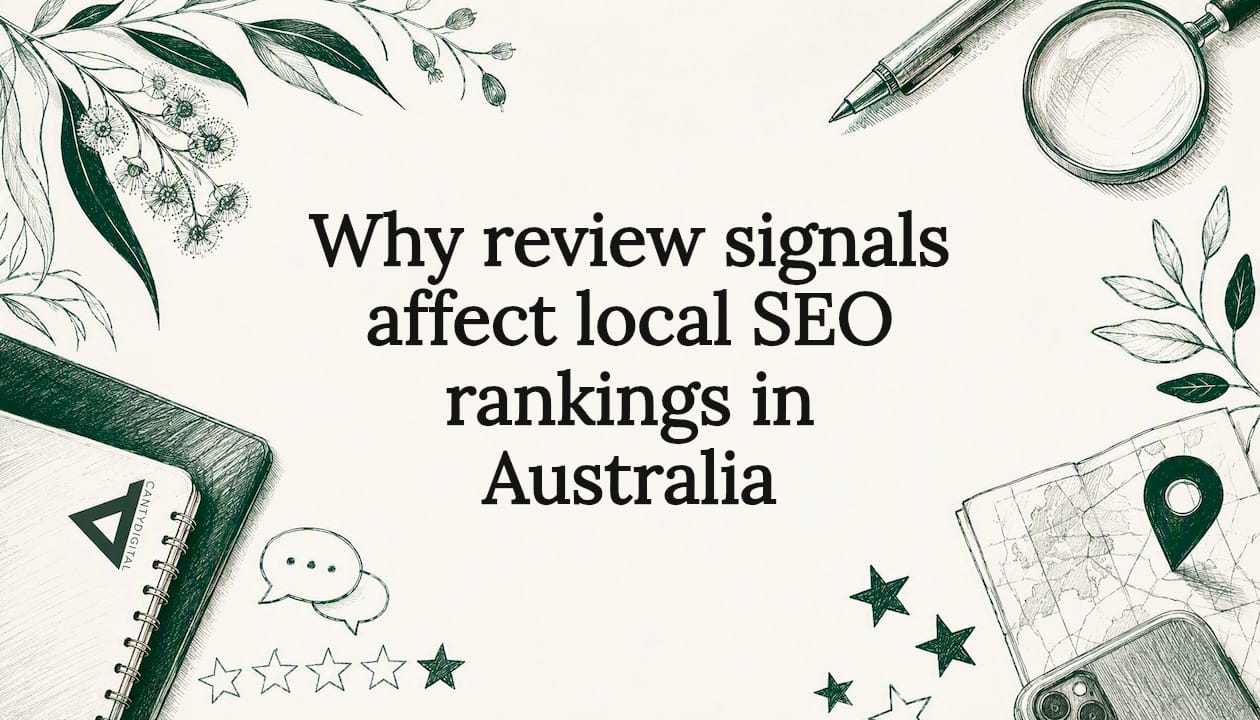 Decorative title card illustration with SEO and review icons