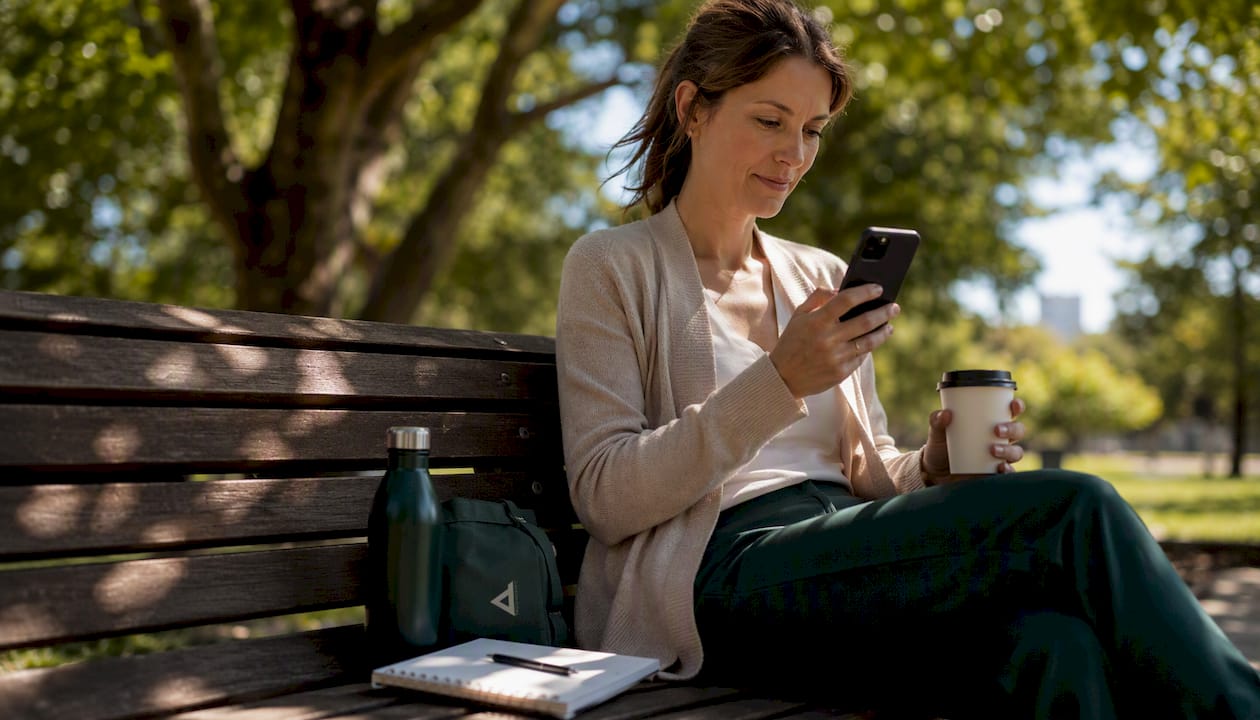 Woman reviewing business ratings outdoors