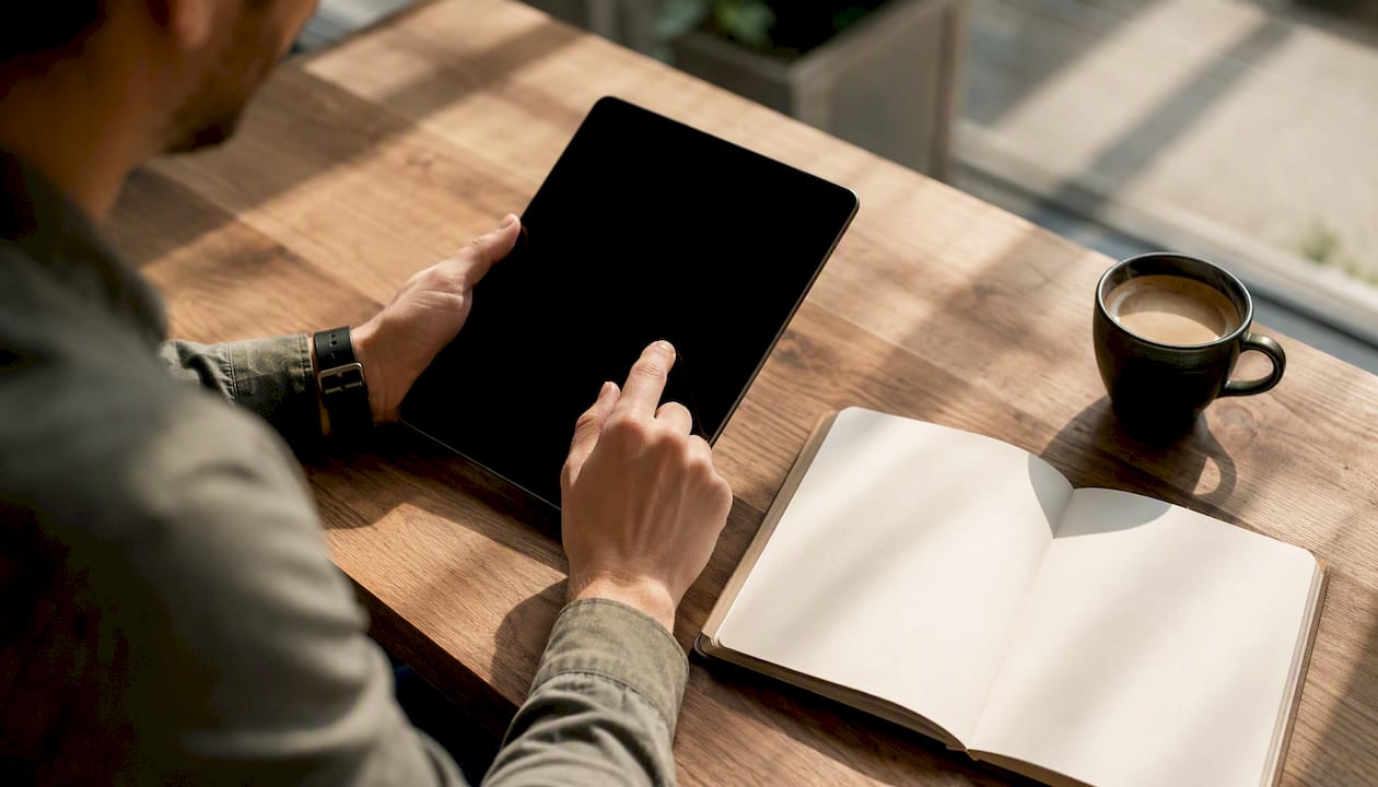 Person's hands arranging SEO planning notes at desk