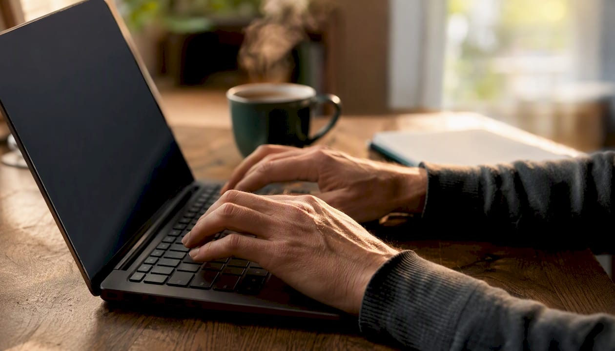 Hands typing lead paragraph on laptop keyboard