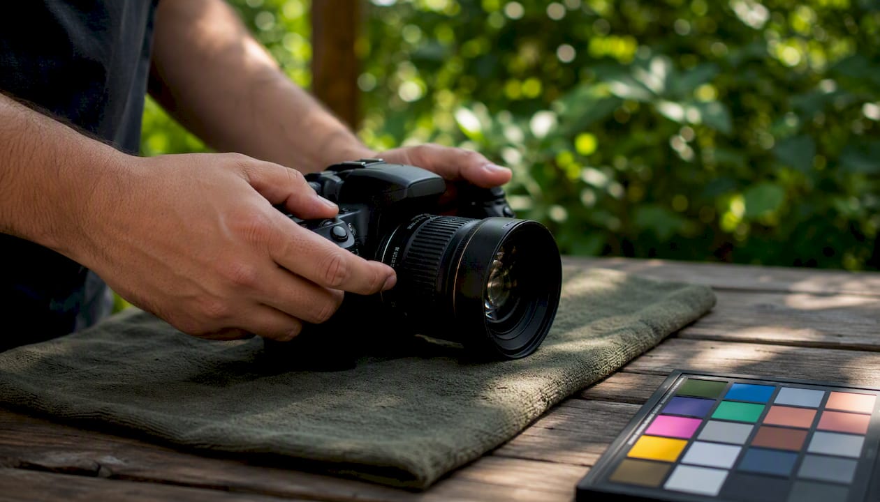 Hands adjusting camera lens in bright workspace