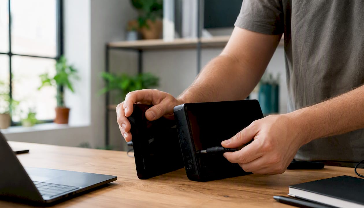 Hands plugging cable into dark unbranded device
