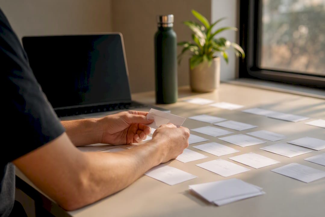 Hands arranging keyword cards on desk